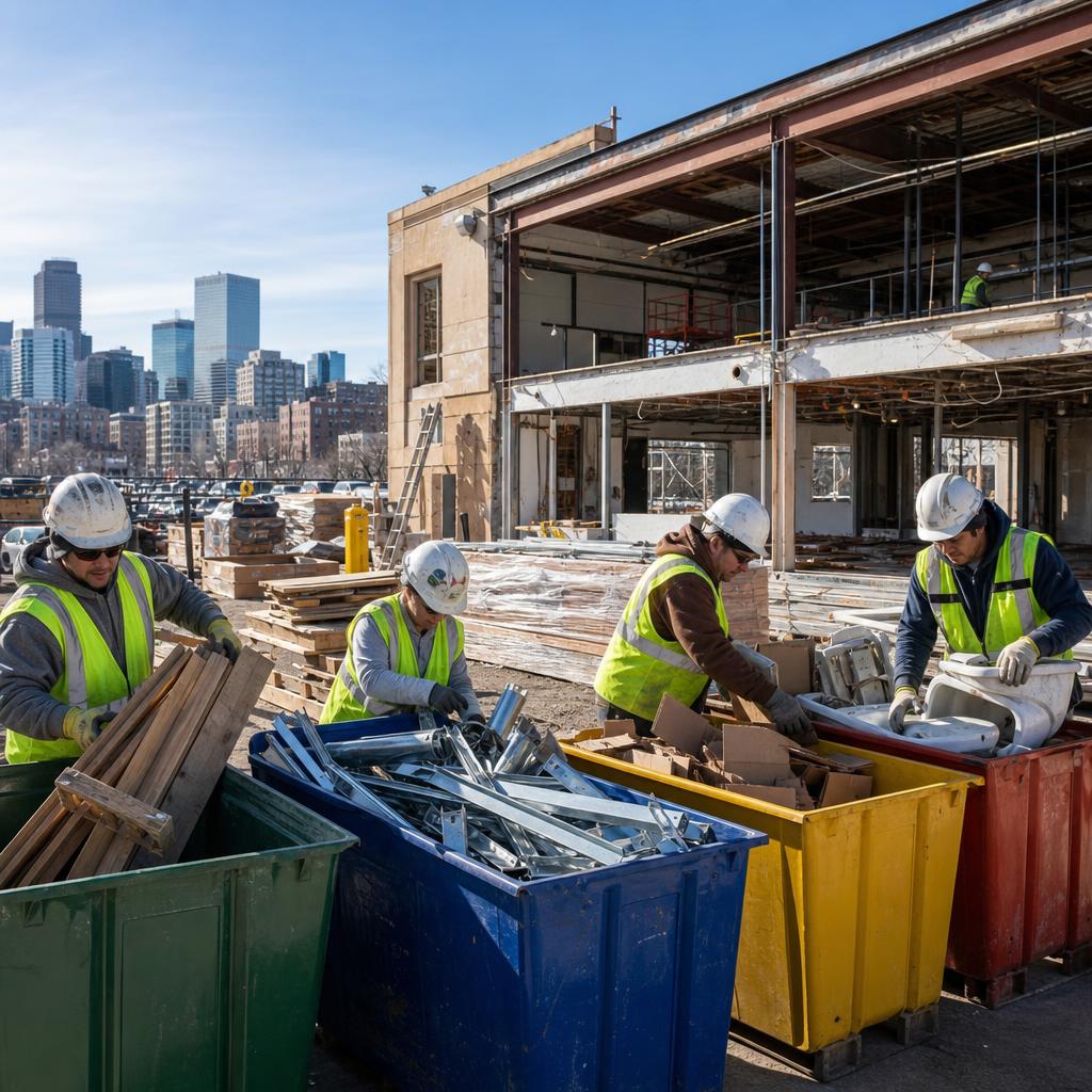 Denver renovation project with wood, metal, cardboard, and reusable materials separated for diversion