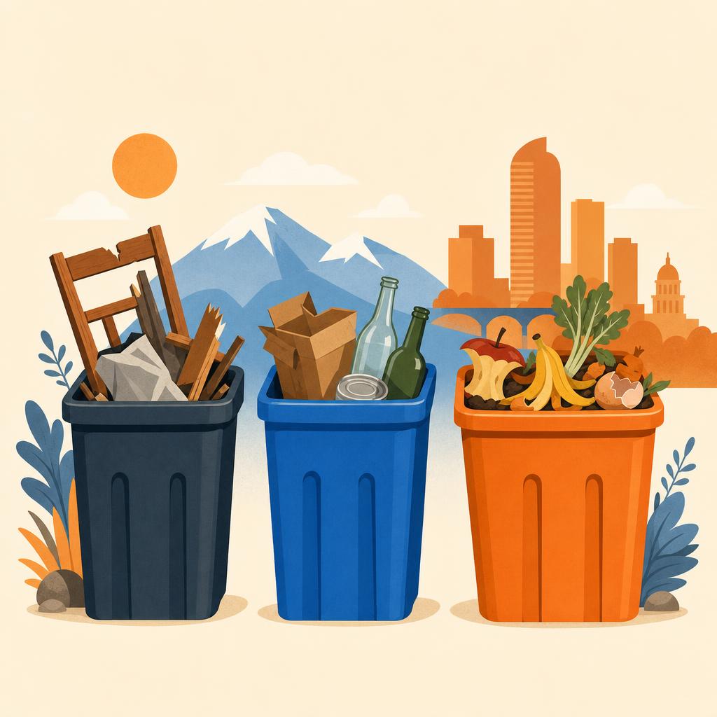 Illustration of separate trash, recycling, and compost streams with common household items