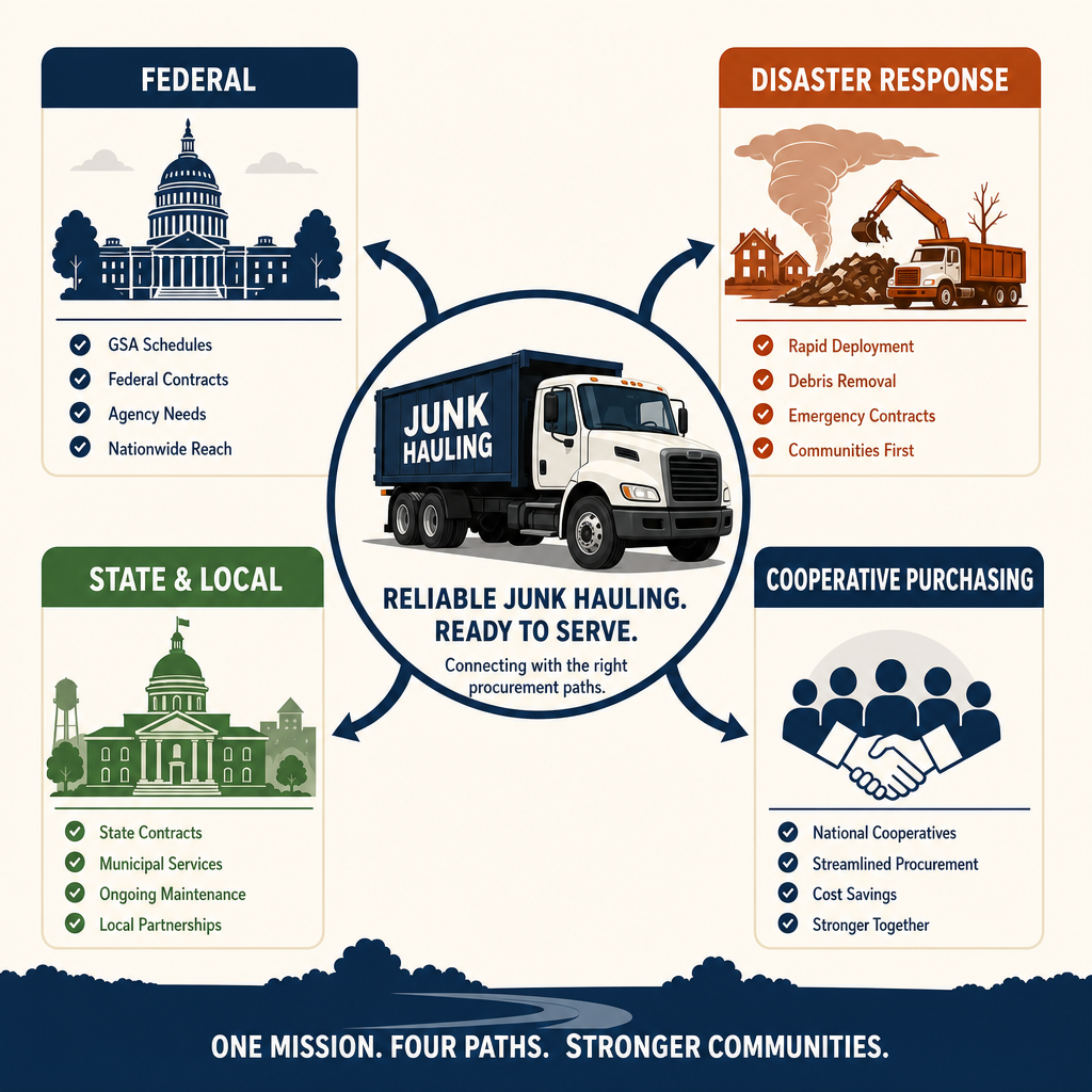 Illustration of federal, disaster, state and local, and cooperative purchasing paths for junk removal contractors