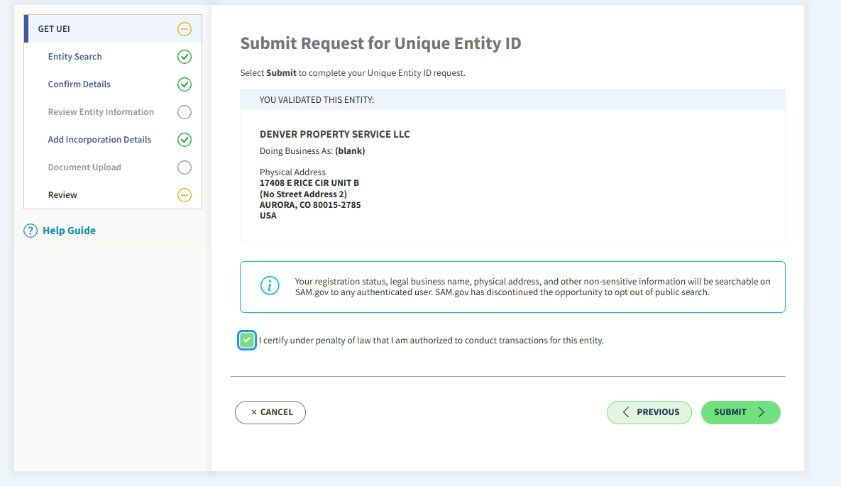 SAM.gov registration step screenshot