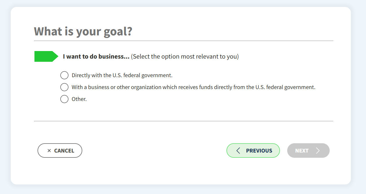 SAM.gov registration step screenshot
