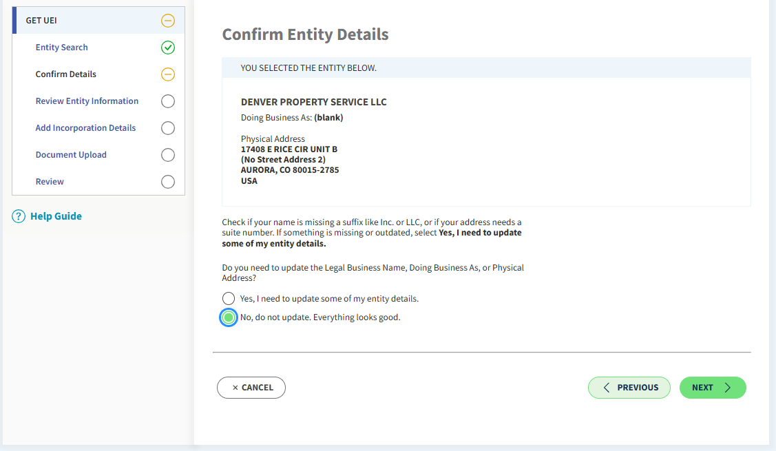 SAM.gov registration step screenshot