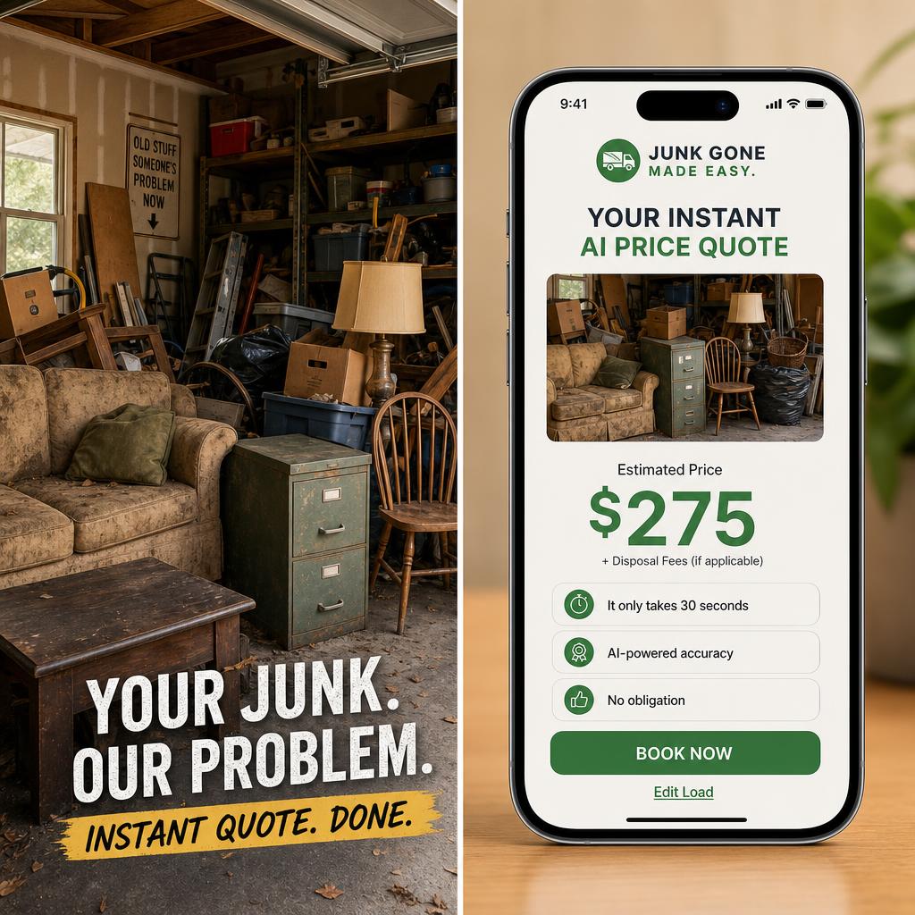 Split view: cluttered garage on the left, instant AI junk removal price quote on smartphone screen on the right